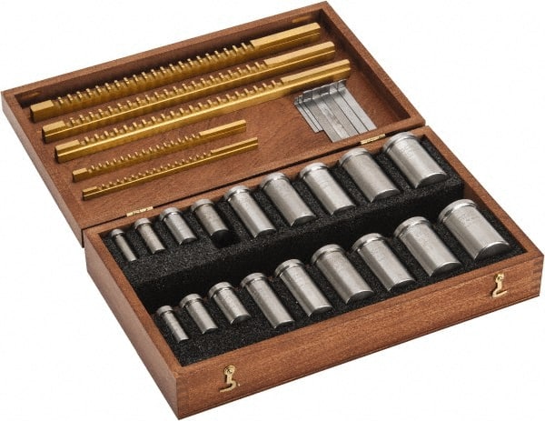 Dumont Minute Man - 23 Piece, 1/8 to 3/8" Keyway Width, Style B & C Keyway Broach Set - TiN Finish High Speed Steel Broach, Collared Bushing, 1/2 to 1-9/16" Bushing Diam - Exact Tooling