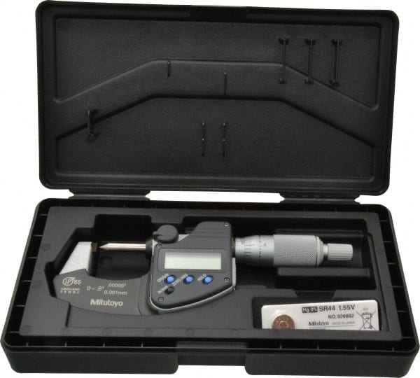 Mitutoyo - 0 to 0.8 Inch Measurement, 0.0002 Inch Accuracy, Electronic Crimp Height Micrometer - 0.0001 Inch Resolution, Ratchet Stop Thimble, SR44 Battery - Exact Tooling