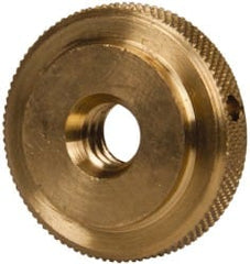 Gibraltar - 1/4-20" UNC Thread, Uncoated, Brass Round Knurled Check Nut - 1/4" Overall Height, 7/8" Diam x 3/16" Head Height, 5/8" Diam x 1/16" Base Height - Exact Tooling