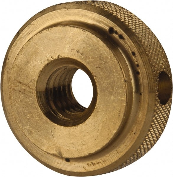 Gibraltar - 5/16-18" UNC Thread, Uncoated, Brass Round Knurled Check Nut - 3/8" Overall Height, 1" Head Diam, 3/4" Diam x 3/32" Base Height - Exact Tooling