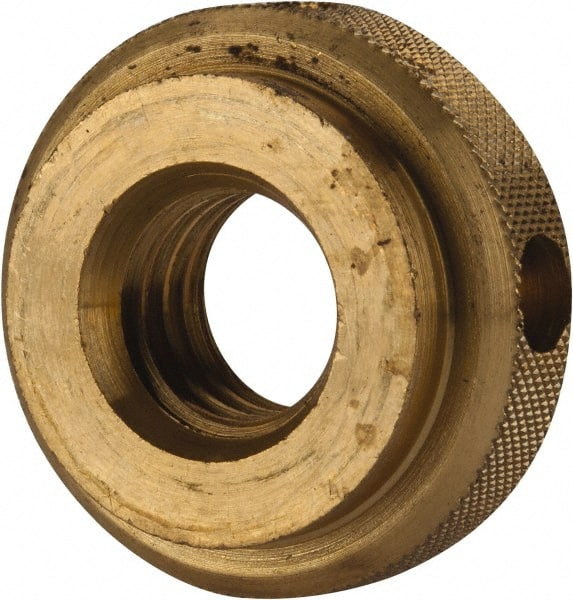 Gibraltar - 1/2-13" UNC Thread, Uncoated, Brass Round Knurled Check Nut - 7/16" Overall Height, 1-1/8" Diam x 5/16" Head Height, 7/8" Diam x 1/8" Base Height - Exact Tooling