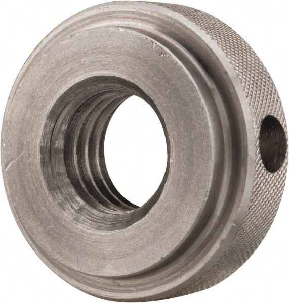 Gibraltar - 5/8-11" UNC Thread, Uncoated, Stainless Steel Round Knurled Check Nut - 1/2" Overall Height, 1-3/8" Diam x 3/8" Head Height, 1-1/8" Diam x 1/8" Base Height - Exact Tooling