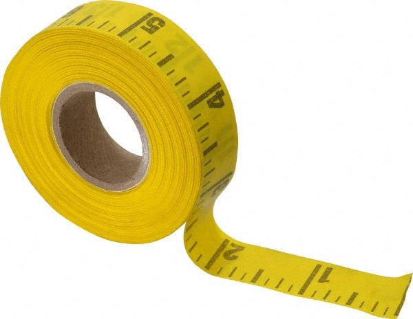 Made in USA - 60 Ft. Long x 5/8 Inch Wide, 1/4 Inch Graduation, Yellow, Adhesive Tape Measure - Reads Left to Right - Exact Tooling