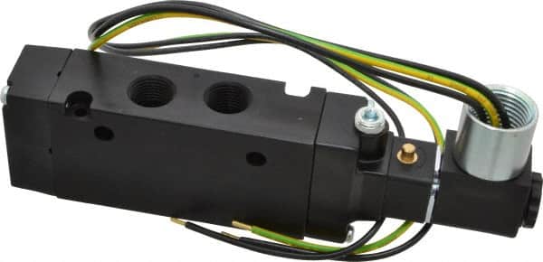 Parker - 3/8" Inlet x 3/8" Outlet, Single Solenoid Actuator, Air Return, 2 Position, Body Ported Solenoid Air Valve - 120 VAC Input, 88 CFM, 2.8 CV, 4 Way, 145 psi, 5-3/4" Long x 1.15" Wide x 3.97" High, 0 to 160°F - Exact Tooling