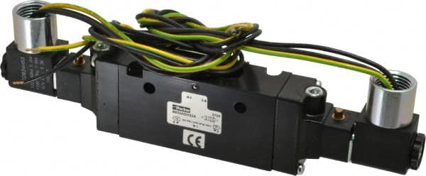 Parker - 3/8" Inlet x 3/8" Outlet, Double Solenoid Actuator, Solenoid Return, 2 Position, Body Ported Solenoid Air Valve - 120 VAC Input, 88 CFM, 2.8 CV, 4 Way, 145 psi, 7-3/10" Long x 1.15" Wide x 3.97" High, 0 to 160°F - Exact Tooling