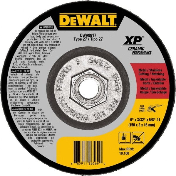 DeWALT - 24 Grit, 6" Wheel Diam, Type 27 Depressed Center Wheel - Coarse/Medium Grade, Ceramic, N Hardness, 10,100 Max RPM - Exact Tooling
