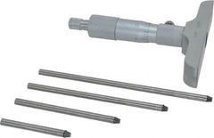 Value Collection - 0 to 4" Range, 4 Rod, Mechanical Depth Micrometer - Ball Thimble, 4" Base Length, 0.001" Graduation, 4.5mm Rod Diam - Exact Tooling