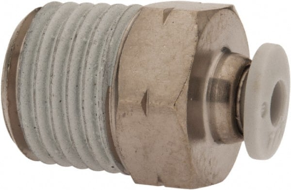 Norgren - 1/8" Tube OD, 1/4 NPTF Brass Push-to-Connect Tube Male Connector - Tube to Male NPT Connection, 150 Max psi, Nitrile O-Ring, 0 to 175°F Working Temp - Exact Tooling