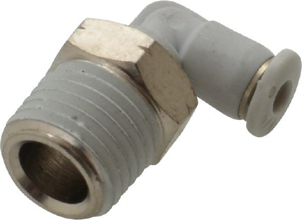 Norgren - 1/8" Tube OD, 1/4 NPTF Brass Push-to-Connect Tube Male Swivel Elbow - Tube to Male NPT Connection, 150 Max psi, Nitrile O-Ring, 0 to 175°F Working Temp - Exact Tooling