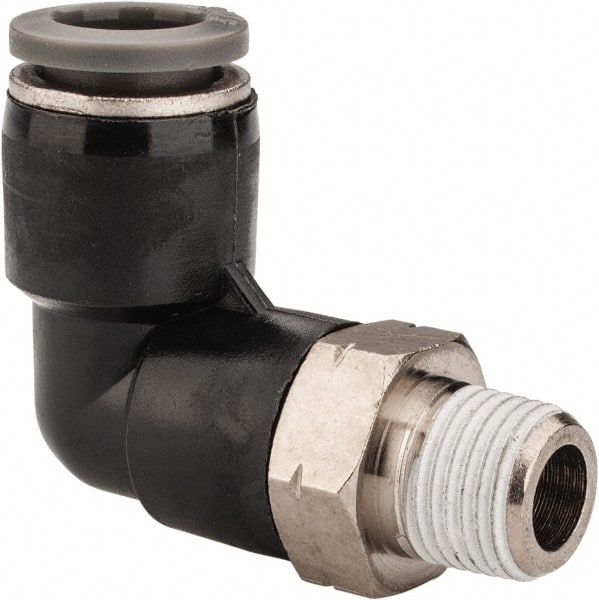 Norgren - 5/16" Tube OD, 1/8 NPTF Brass Push-to-Connect Tube Male Swivel Elbow - Tube to Male NPT Connection, 150 Max psi, Nitrile O-Ring, 0 to 175°F Working Temp - Exact Tooling