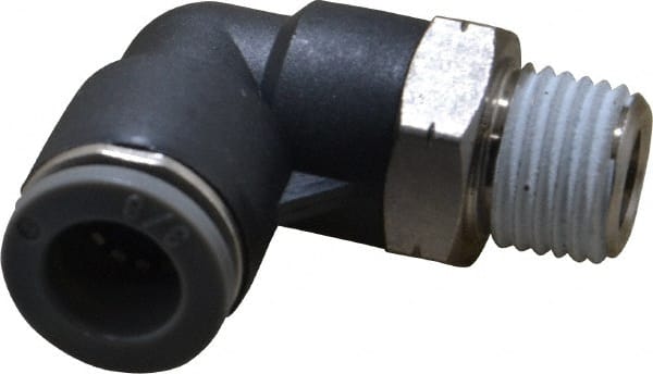 Norgren - 3/8" Tube OD, 1/4 NPTF Brass Push-to-Connect Tube Male Swivel Elbow - Tube to Male NPT Connection, 150 Max psi, Nitrile O-Ring, 0 to 175°F Working Temp - Exact Tooling