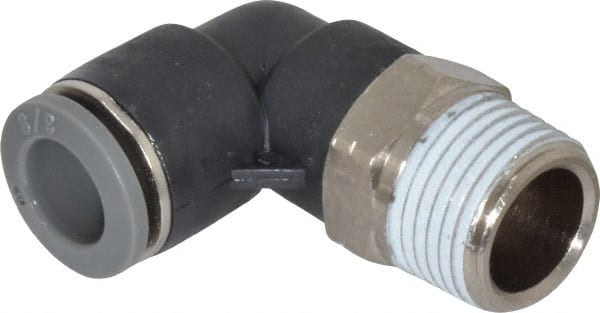 Norgren - 3/8" Tube OD, 3/8 NPTF Brass Push-to-Connect Tube Male Swivel Elbow - Tube to Male NPT Connection, 150 Max psi, Nitrile O-Ring, 0 to 175°F Working Temp - Exact Tooling