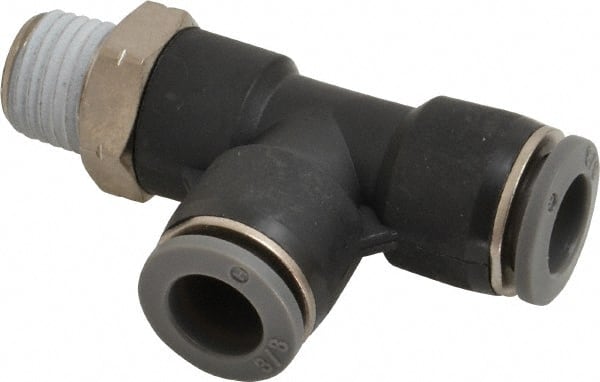 Norgren - 3/8" Tube OD, 1/4 NPTF Brass Push-to-Connect Tube Male Swivel Run Tee - Tube to Male NPT Connection, 150 Max psi, Nitrile O-Ring, 0 to 175°F Working Temp - Exact Tooling