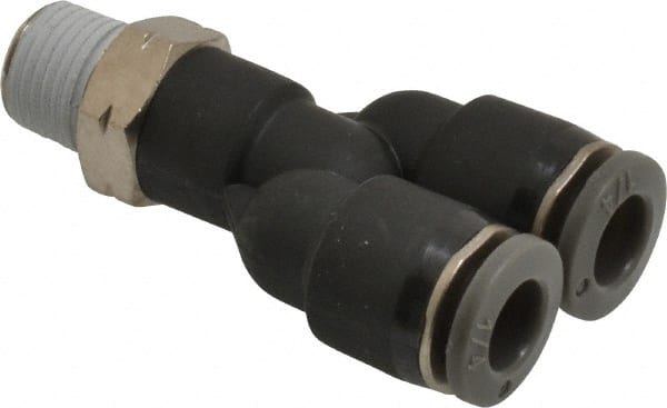 Norgren - 1/4" Tube OD, 1/8 NPTF Brass Push-to-Connect Tube Male Parallel Y - Tube to Male NPT Connection, 150 Max psi, Nitrile O-Ring, 0 to 175°F Working Temp - Exact Tooling