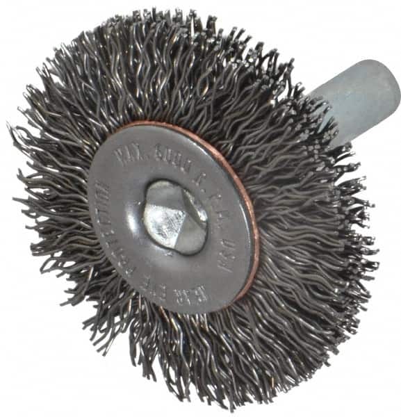 Made in USA - 1-1/2" OD, 1/4" Shank Diam, Crimped Steel Wheel Brush - 1/4" Face Width, 0.014" Filament Diam, 6,000 RPM - Exact Tooling
