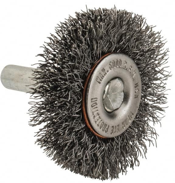 Made in USA - 1-1/2" OD, 1/4" Shank Diam, Crimped Steel Wheel Brush - 1/4" Face Width, 0.008" Filament Diam, 6,000 RPM - Exact Tooling