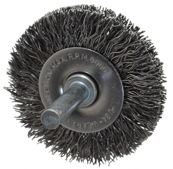 Made in USA - 2" OD, 1/4" Shank Diam, Crimped Steel Wheel Brush - 1/4" Face Width, 0.014" Filament Diam, 6,000 RPM - Exact Tooling