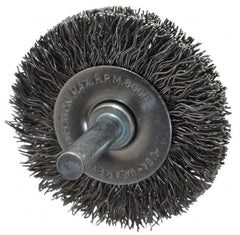 Made in USA - 2" OD, 1/4" Shank Diam, Crimped Steel Wheel Brush - 1/4" Face Width, 0.014" Filament Diam, 6,000 RPM - Exact Tooling