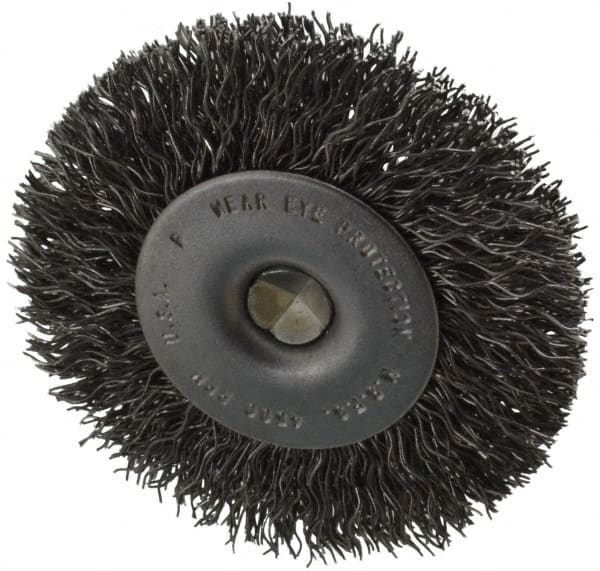 Made in USA - 2-1/2" OD, 1/4" Shank Diam, Crimped Steel Wheel Brush - 1/4" Face Width, 0.014" Filament Diam, 4,500 RPM - Exact Tooling