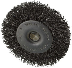 Made in USA - 2-1/2" OD, 1/4" Shank Diam, Crimped Steel Wheel Brush - 1/4" Face Width, 0.014" Filament Diam, 4,500 RPM - Exact Tooling