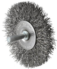 Made in USA - 3" OD, 1/4" Shank Diam, Crimped Steel Wheel Brush - 1/4" Face Width, 0.014" Filament Diam, 4,500 RPM - Exact Tooling