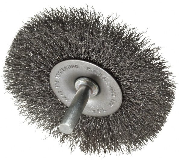 Made in USA - 3" OD, 1/4" Shank Diam, Crimped Steel Wheel Brush - 1/4" Face Width, 0.008" Filament Diam, 4,500 RPM - Exact Tooling