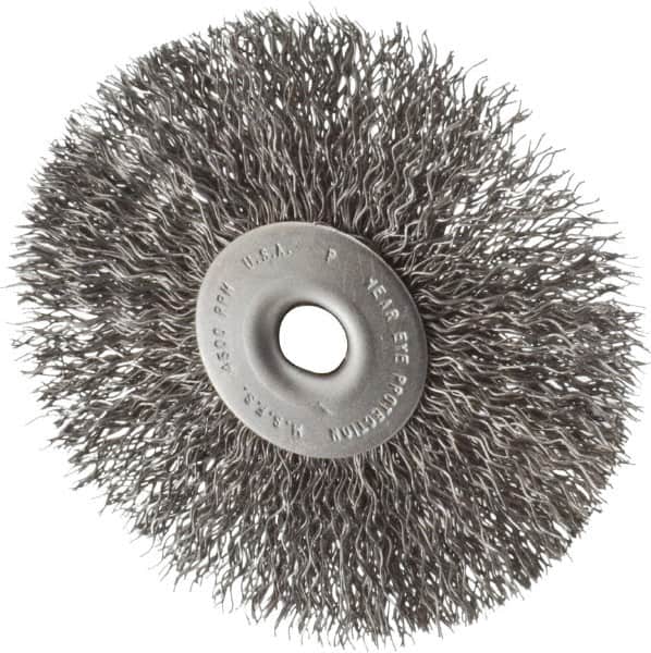 Made in USA - 3-1/2" OD, 1/4" Shank Diam, Crimped Steel Wheel Brush - 1/4" Face Width, 0.014" Filament Diam, 4,500 RPM - Exact Tooling