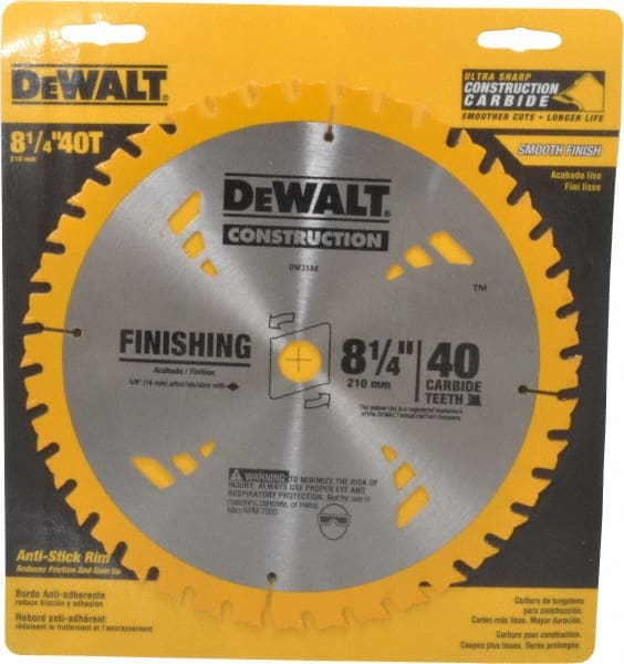 DeWALT - 8-1/4" Diam, 5/8" Arbor Hole Diam, 40 Tooth Wet & Dry Cut Saw Blade - Carbide-Tipped, General Purpose Action, Diamond Arbor - Exact Tooling