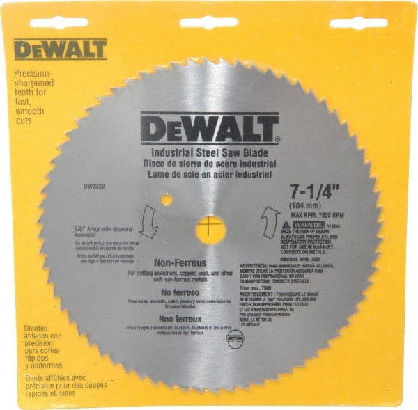 DeWALT - 7-1/4" Diam, 5/8" Arbor Hole Diam, 68 Tooth Wet & Dry Cut Saw Blade - Steel, Smooth Action, Standard Round Arbor - Exact Tooling