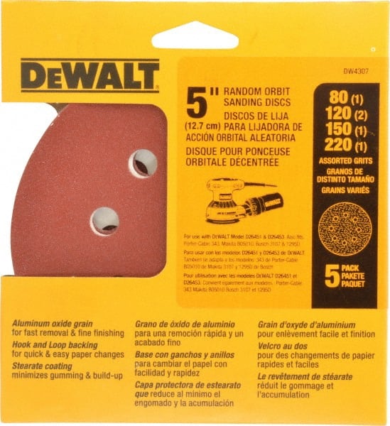 DeWALT - 80, 120, 150, 180, 220 Grit, 5" Disc Diam, Abrasive Disc Kit - Coated, Medium, Fine, (3) Very Fine Grade, Aluminum Oxide - Exact Tooling