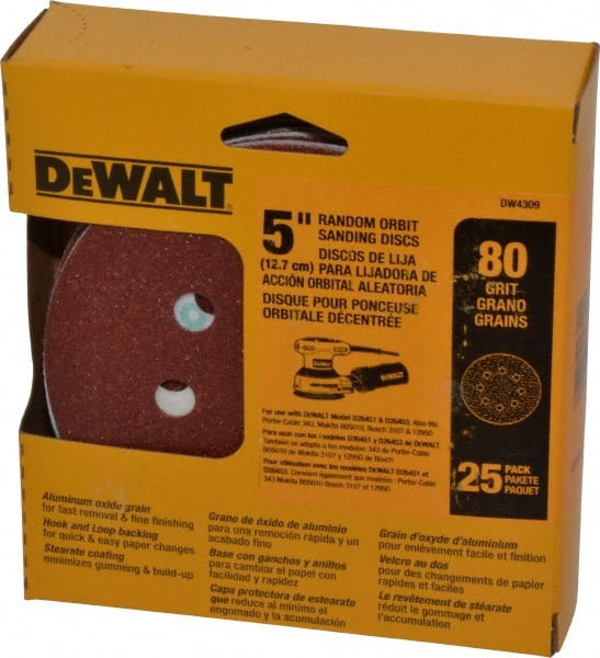 DeWALT - 5" Diam, 80 Grit, Aluminum Oxide Hook & Loop Disc - Medium Grade, Coated, Paper Backing, - Exact Tooling