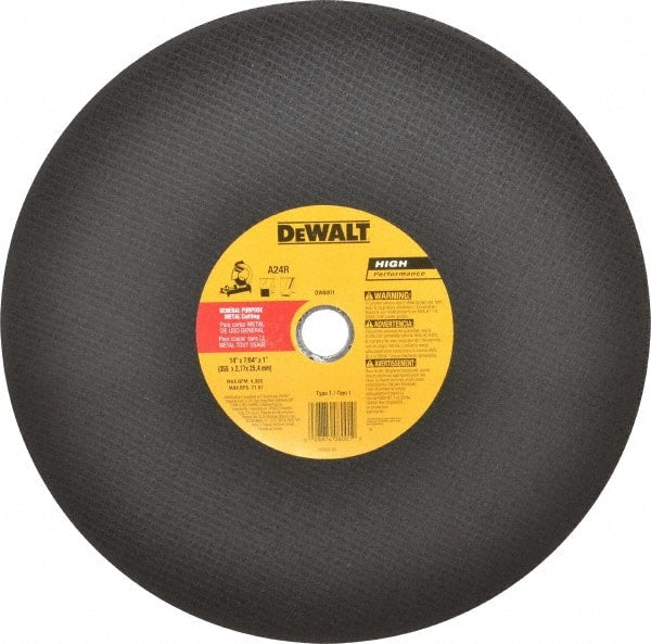 DeWALT - 14" Aluminum Oxide Cutoff Wheel - 7/64" Thick, 1" Arbor, 4,300 Max RPM, Use with Stationary Tools - Exact Tooling