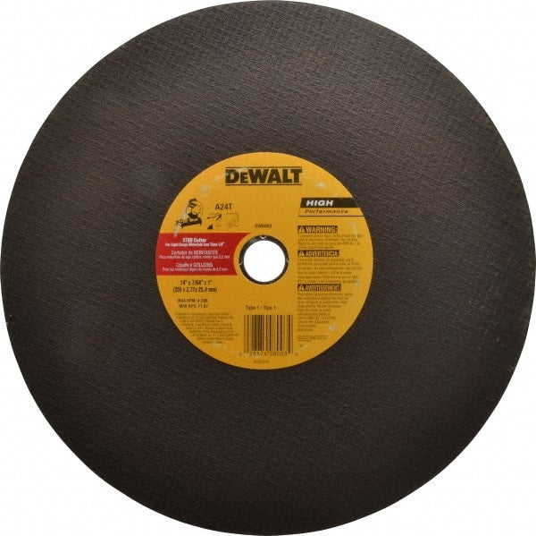 DeWALT - 14" Aluminum Oxide Cutoff Wheel - 7/64" Thick, 1" Arbor, 5,000 Max RPM, Use with Stationary Tools - Exact Tooling