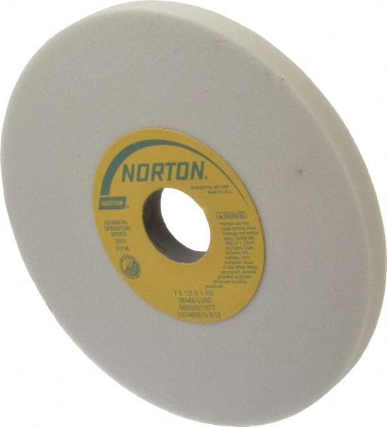 Norton - 7" Diam x 1-1/4" Hole x 1/2" Thick, L Hardness, 60 Grit Surface Grinding Wheel - Aluminum Oxide, Type 1, Medium Grade, 3,600 Max RPM, Vitrified Bond, No Recess - Exact Tooling