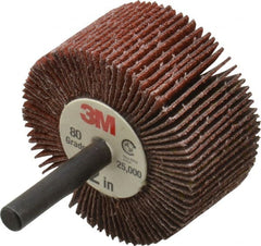 3M - 2" Diam x 1" Face Width, Medium Ceramic Alumina Coated Mounted Flap Wheel - 1/4" Shank Mount, 80 Grit, X Weighted Cloth Backing, 25,000 Max RPM - Exact Tooling