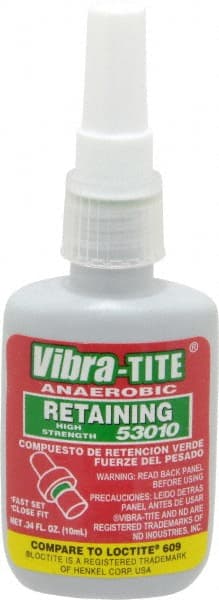 Vibra-Tite - 10 mL Bottle, Green, High Strength Liquid Retaining Compound - Series 530, 24 hr Full Cure Time, Hand Tool Removal - Exact Tooling