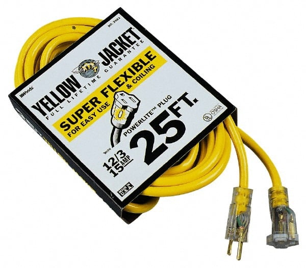 Southwire - 25', 12/3 Gauge/Conductors, Yellow Outdoor Extension Cord - 1 Receptacle, 15 Amps, 125 VAC, UL SJTW-A, NEMA 5-15P, 5-15R - Exact Tooling