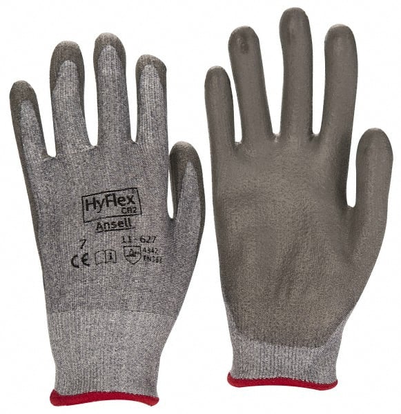 Ansell - Size S (7), ANSI Cut Lvl 2, Abrasion Lvl 6, Polyurethane Coated Cut Resistant Gloves - 8.5" Long, Palm & Fingers Coated, Dyneema/Lycra Lining, Knit Wrist, Gray/Gray, Paired - Exact Tooling