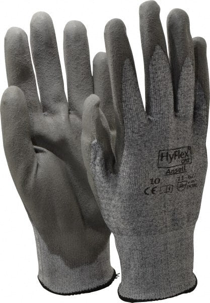 Ansell - Size XL (10), ANSI Cut Lvl 2, Abrasion Lvl 6, Polyurethane Coated Cut Resistant Gloves - 10.5" Long, Palm & Fingers Coated, Dyneema/Lycra Lining, Knit Wrist, Gray/Gray, Paired - Exact Tooling