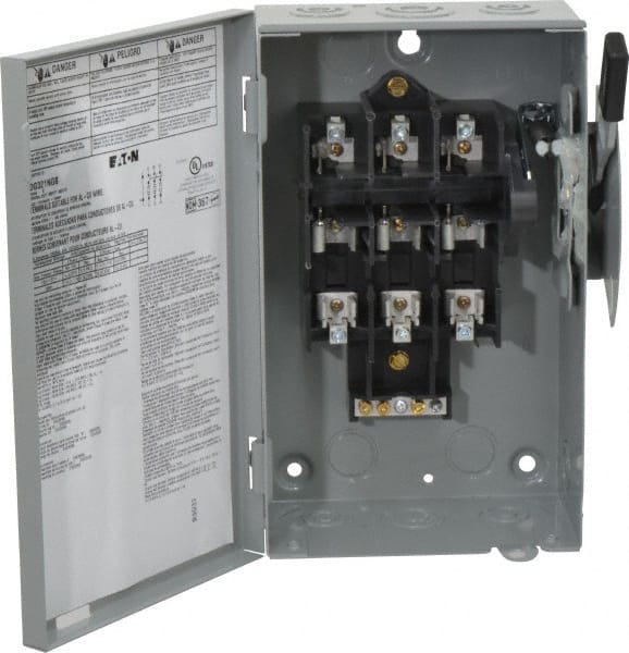 Eaton Cutler-Hammer - 30 Amp, 240 VAC, 3 Pole Fused Safety Switch - NEMA 1, 1 Phase, 1-1/2 to 3 hp at 240 VAC (Single Phase), 3 to 7-1/2 hp at 240 VAC (Triple Phase), 3PST Contact Form - Exact Tooling
