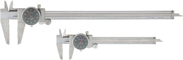 Value Collection - 0 to 6 and 12" Outside Diameter Dial Caliper Set - 0.001" Graduation, 0.1 Range per Revolution, Stainless Steel, Black Face - Exact Tooling