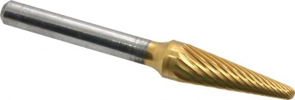 Atrax - 3/8" Cut Diam, 1/4" Shank Diam, Taper Head Single Cut Burr - Carbide, Radius End, 1-1/16" LOC, 2-3/4" OAL - Exact Tooling