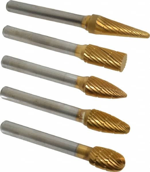 Made in USA - 5 Piece, 3/8" Shank Burr Set - Tungsten Carbide, Multiple Head Shape - Exact Tooling