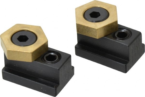 Mitee-Bite - 13/16" Brass Hex, 1/2" T-Slot, 3/8-16 Stud Thread, Symmetrical Hex Clamp - 1/4" Hex Height, 2,000 Lb Holding Force, 3/4" Long Thread, 20.8 Ft/Lb Torque, 2 Clamps - Exact Tooling