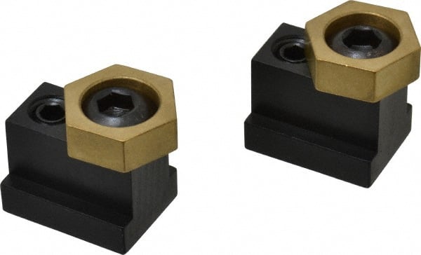 Mitee-Bite - 1" Brass Hex, 11/16" T-Slot, 1/2-13 Stud Thread, Symmetrical Hex Clamp - 3/8" Hex Height, 3,000 Lb Holding Force, 1" Long Thread, 45 Ft/Lb Torque, 2 Clamps - Exact Tooling