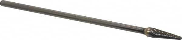 Atrax - 3/8" Cut Diam, 1/4" Shank Diam, Taper Head Single Cut Burr - Carbide, Radius End, 1-1/16" LOC, 7-1/16" OAL - Exact Tooling