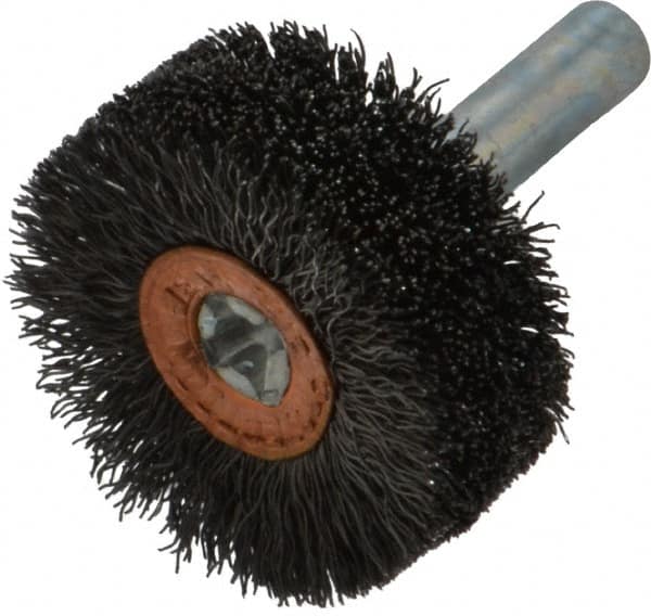 Weiler - 1-1/4" OD, 1/4" Shank Diam, Crimped Steel Wheel Brush - 1/2" Face Width, 3/8" Trim Length, 0.008" Filament Diam, 20,000 RPM - Exact Tooling