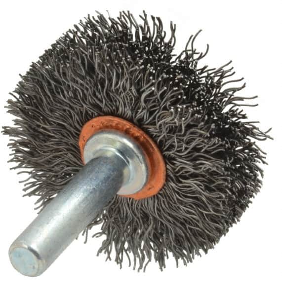 Weiler - 1-1/2" OD, 1/4" Shank Diam, Crimped Steel Wheel Brush - 1/2" Face Width, 1/2" Trim Length, 0.0118" Filament Diam, 20,000 RPM - Exact Tooling