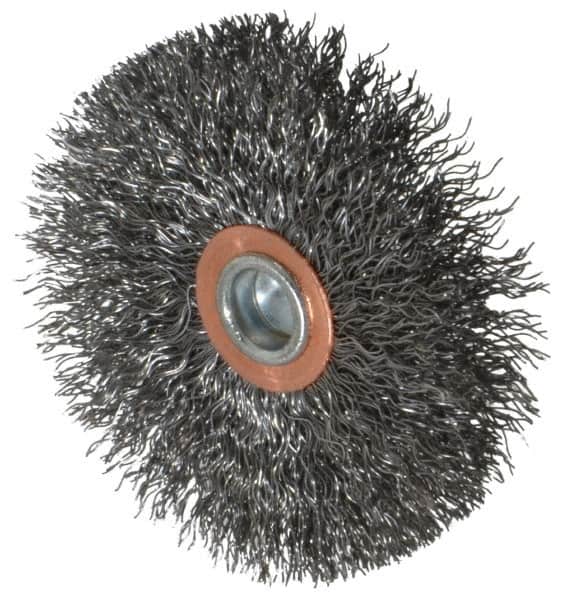 Weiler - 3" OD, 1/4" Shank Diam, Crimped Steel Wheel Brush - 1/2" Face Width, 1" Trim Length, 0.0118" Filament Diam, 20,000 RPM - Exact Tooling