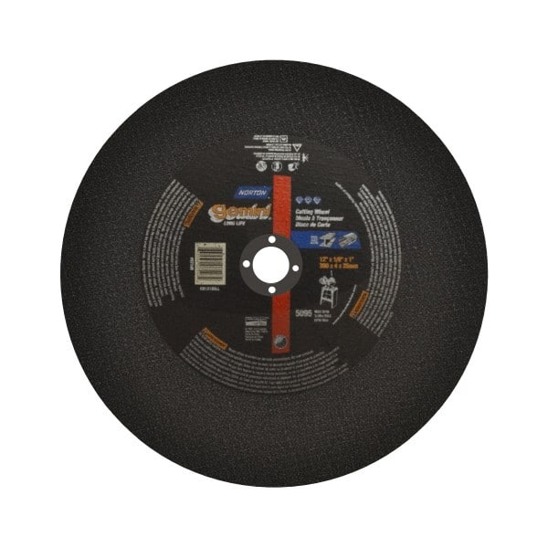 Norton - 12" Aluminum Oxide Cutoff Wheel - 1/8" Thick, 1" Arbor, 5,095 Max RPM, Use with Stationary Tools - Exact Tooling